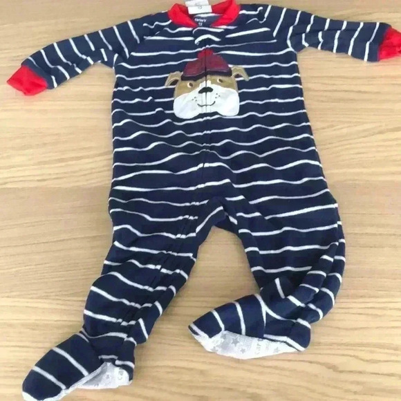 🆕 Carter's Boy's Bulldog Print Footed Fleece Sleepwear Pajamas Navy Stripe🆕 - Picture 1 of 4